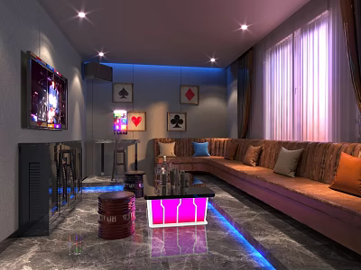 KTV Interior With Comfortable Sofa Coffee Table TV Screen And Poker Card Decorations 3d model