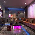 KTV Interior With Comfortable Sofa Coffee Table TV Screen And Poker Card Decorations