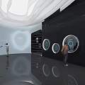 Future Themed Technology Exhibition Hall With Curved White Walls And Visitors Exploring