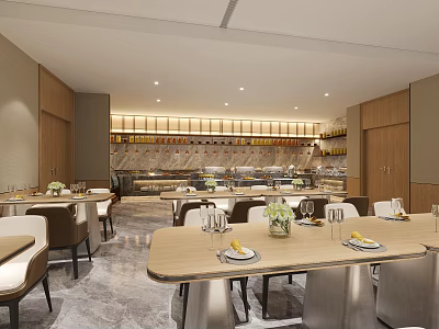 Elegant Modern Restaurant Interior With Wooden Tables Chairs Buffet Counter And Warm Lighting 3d model