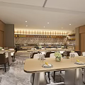 Elegant Modern Restaurant Interior With Wooden Tables Chairs Buffet Counter And Warm Lighting