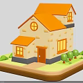 Cartoon Style House Exterior With Orange Roof Beige Walls Windows Door Small Trees Green Lawn