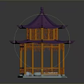 Decorative Chinese Pavilion Model with Purple Multi Tiered Roof and Orange Pillars Hexagonal Base