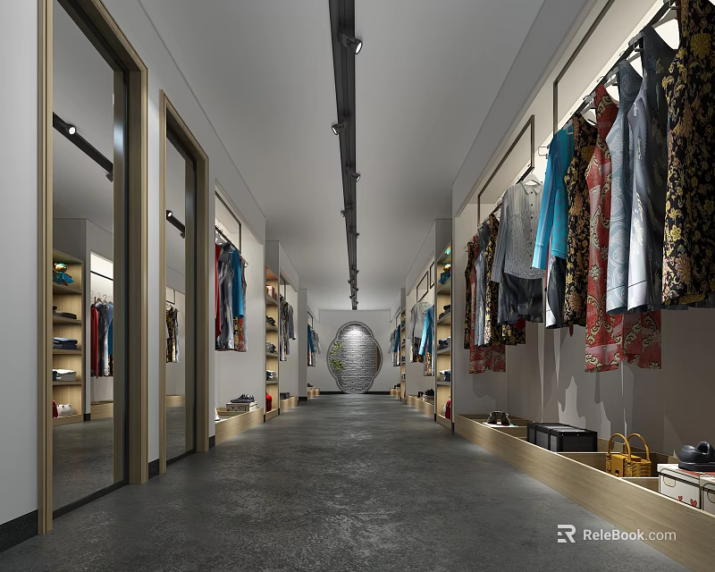 Modern Clothing Store Interior With Spacious Corridor And Clothes On Display Mirrors And Shelves 3d model 
