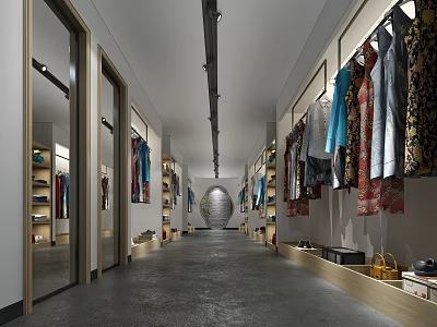 Modern Clothing Store Interior With Spacious Corridor And Clothes On Display Mirrors And Shelves 3d model