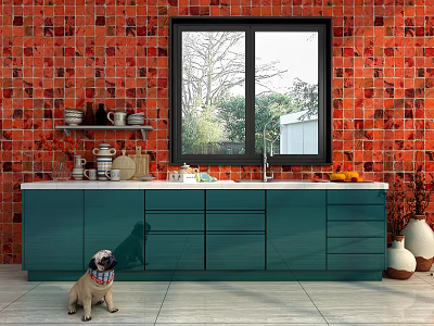 Green Kitchen Cabinets With Red Brick Wall Window And Shelf Dishes 3d model