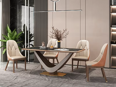 Modern Dining Table Set With Four Light Upholstered Chairs Black Tabletop And Hanging Light 3d model
