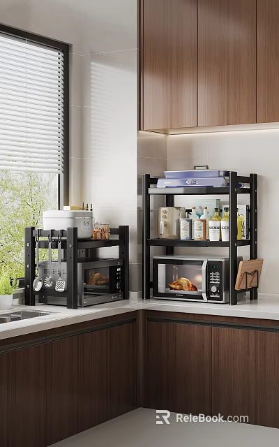 Modern Kitchen Storage Shelves With Microwave Pots Cans Bottles And Kitchenware On Countertop 3d model