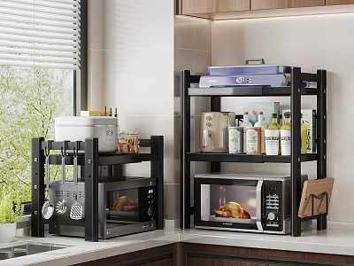 Modern Kitchen Storage Shelves With Microwave Pots Cans Bottles And Kitchenware On Countertop 3d model
