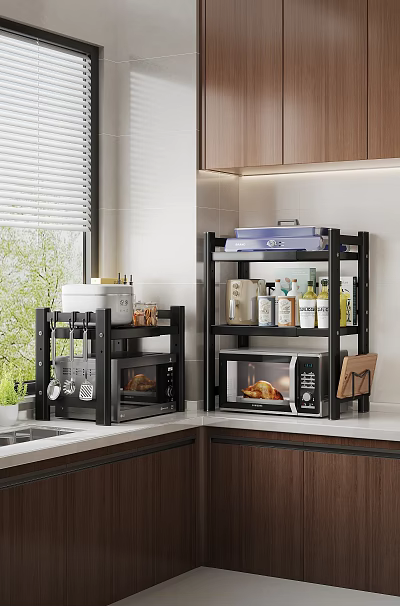 Modern Kitchen Storage Shelves With Microwave Pots Cans Bottles And Kitchenware On Countertop 3d model