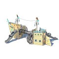 Pirate Ship Themed Wooden Garden Play Structure With Slide Net Tunnel Flags And Bird Decorations