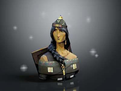 Game and Movie Character 3D Model With Long Braided Hair Decorative Headdress And Patterned Attire 3d model