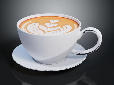 Plant Themed Latte Art Design In White Coffee Cup On Black Table With Saucer 3d model