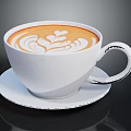 Plant Themed Latte Art Design In White Coffee Cup On Black Table With Saucer