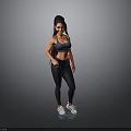Active Woman in Blue Sports Bra Dark Leggings and White Sneakers Standing on Gray Background