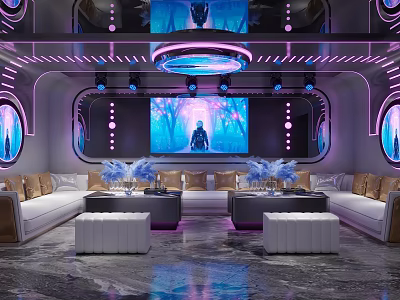 Modern KTV Lounge Interior Design With Stylish Lighting Comfortable Sofa Seating And Large Screen 3d model
