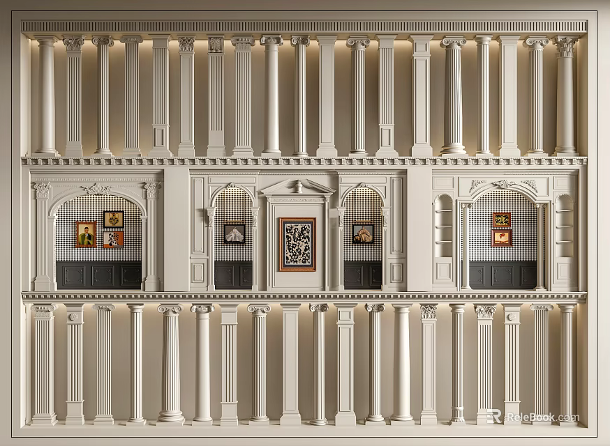 White Roman Columns Neatly Arranged In Two Levels With Arched Decorations And Framed Paintings 3d model 