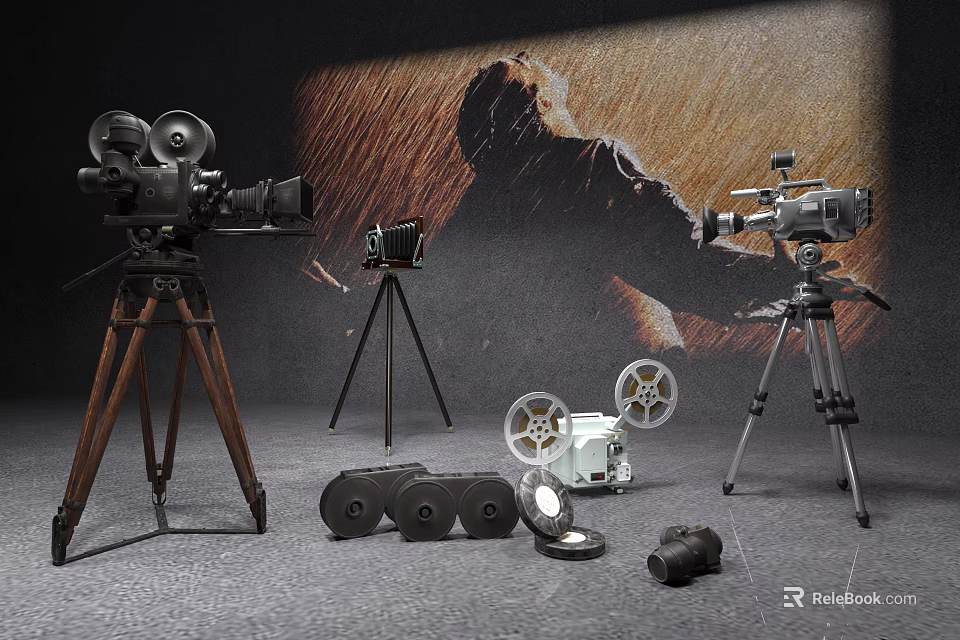 Nostalgic Movie Theme Photo Spot With Vintage Cameras Tripods And Film Reels 3d model 