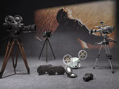 Nostalgic Movie Theme Photo Spot With Vintage Cameras Tripods And Film Reels 3d model