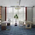 Bright Open Public Office Space With White Chairs Blue Carpet Computers And Ceiling Lights