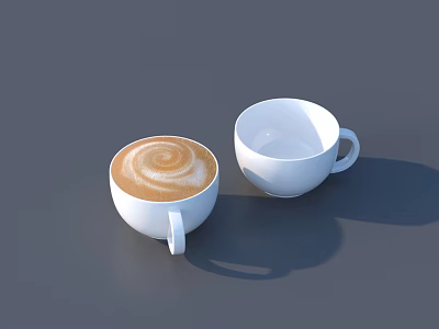 Cup of Coffee with Swirl Latte Art and Empty White Mug 3d model