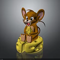 Happy Cartoon Mouse Sitting On Yellow Cheese Block Holding Small Cheese Piece