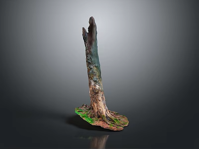 Natural Wood And Stone Decorative Stump With Green Mossy Base And Textured Trunk 3d model