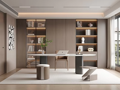 Modern Study Room Interior Design With Wooden Bookshelves Writing Desk And Green Plant 3d model