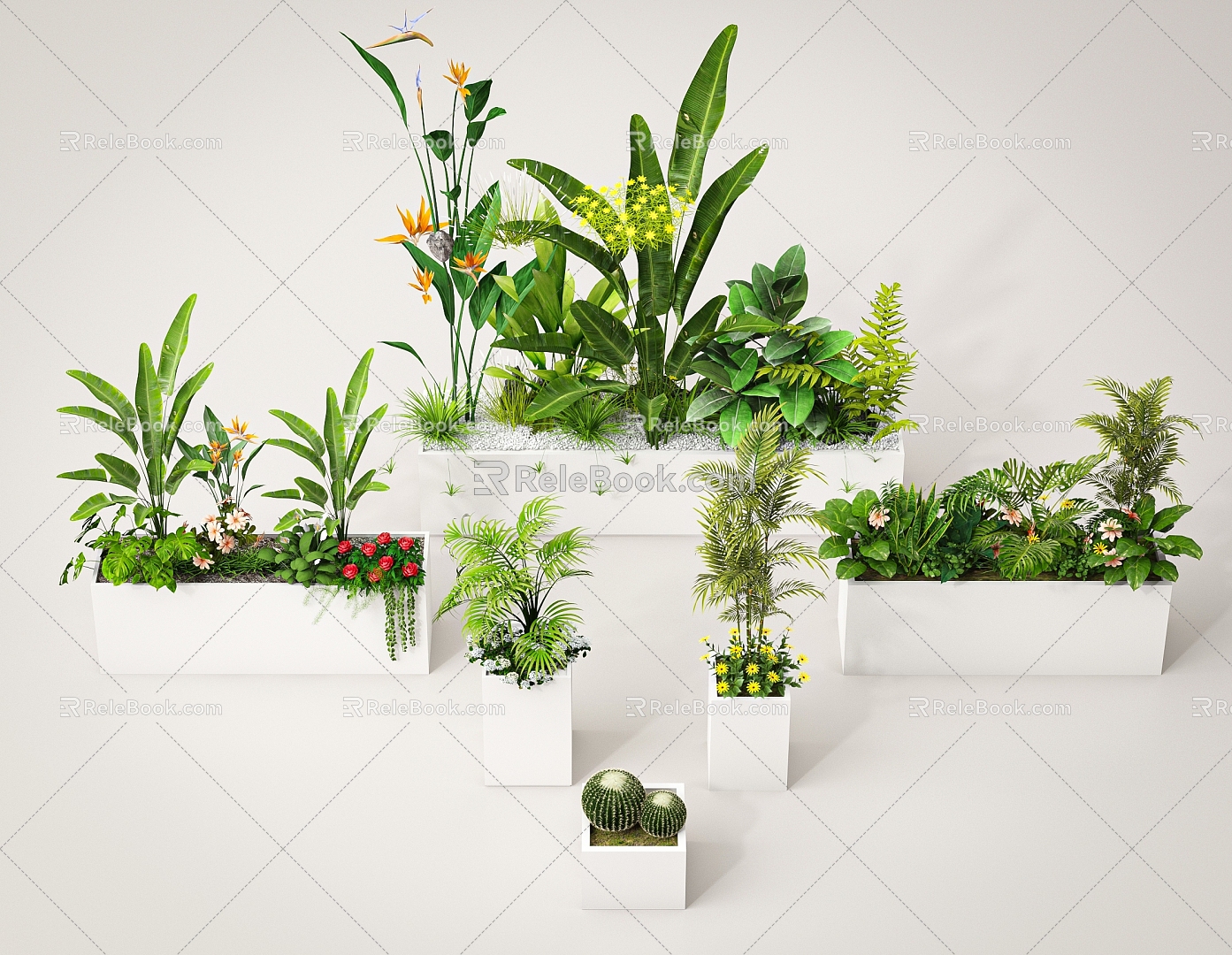 Flower box plant pile outside the green plant flower box plant combination flower box 3d model