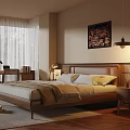 Cozy Modern Bedroom Interior With Wooden Bed Round Nightstand And Area Rug