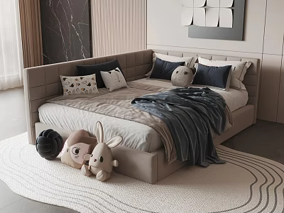 Modern Double Bed With Beige Frame Multiple Pillows Gray Blanket Stuffed Toys And Rug 3d model