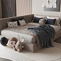 Modern Double Bed With Beige Frame Multiple Pillows Gray Blanket Stuffed Toys And Rug