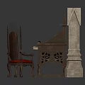 Antique Wooden Desk With Open Books And Carved Chair Near Stone Tablet