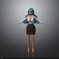 Woman Wearing White Shirt Brown Skirt Teal Long Hair Red High Heels Arms Outstretched