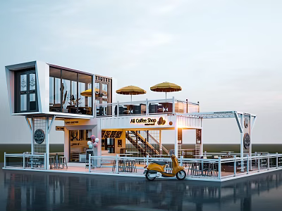 Modern Shipping Container Bistro With Open Terrace Seating Umbrellas And Scooter 3d model