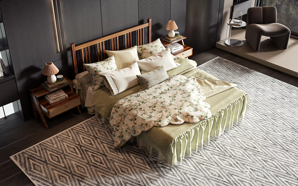 Elegant Double Bed With Wooden Headboard Floral Bedding Pillows And Patterned Rug Interior 3d model 