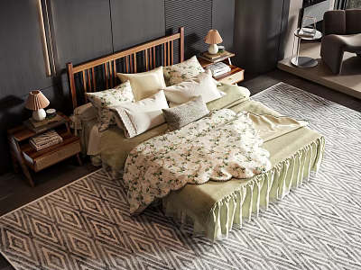 Elegant Double Bed With Wooden Headboard Floral Bedding Pillows And Patterned Rug Interior 3d model