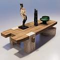 Coffee Table With Wooden Top Stone Base Green Bowls And White Black Sculptures