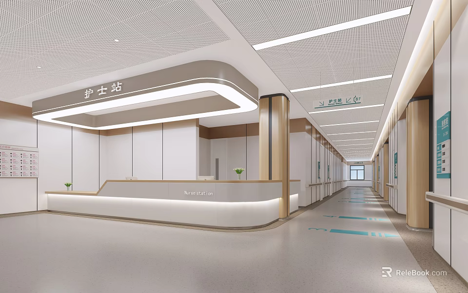 Modern Medical Nurse Station With Bright Reception Counter And Corridor Design 3d model 