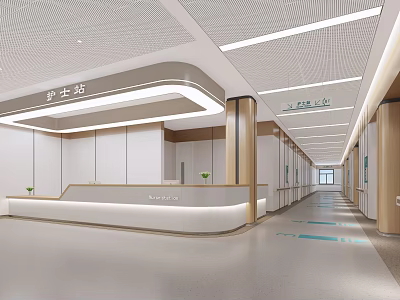 Modern Medical Nurse Station With Bright Reception Counter And Corridor Design 3d model