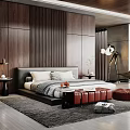 Modern Bedroom Interior Design With Wooden Panel Wall King Size Bed Floor Lamp And Armchair