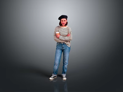 Man Wearing Beret And Striped Long Sleeve Shirt Standing With Arms Crossed Against Gray Background 3d model