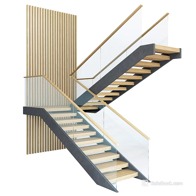 Modern Staircase Interior Design With Wooden Steps Glass Railings And Concrete Structure 3d model 
