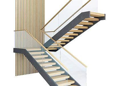 Modern Staircase Interior Design With Wooden Steps Glass Railings And Concrete Structure 3d model