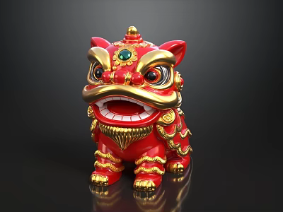 Red Chinese Lion Statue With Golden Ornaments And Green Gem Details 3d model