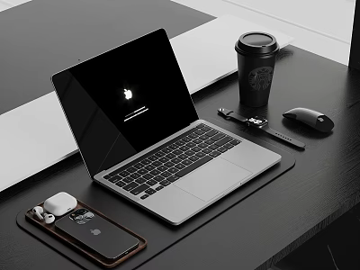 Modern Desk Setup With Apple Laptop Starbucks Coffee Cup Smartphone And Earbuds Case 3d model