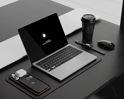 Modern Desk Setup With Apple Laptop Starbucks Coffee Cup Smartphone And Earbuds Case 3d model