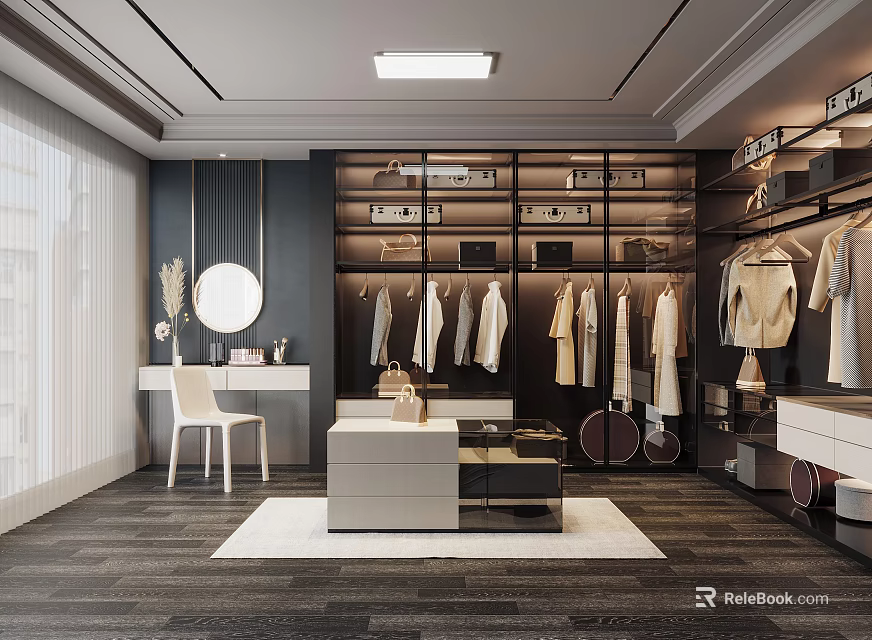 Luxury Walk In Closet Interior With Dark Cabinets White Clothes And Wooden Flooring 3d model 