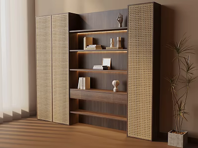 Modern Wooden Shelving Unit With Rattan Doors And Decorative Items Near Potted Plant 3d model