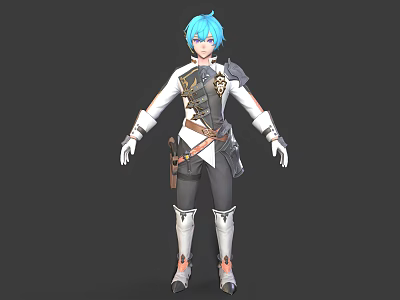 3D Fantasy Character With Blue Hair White Clothing And Decorative Armor Details 3d model